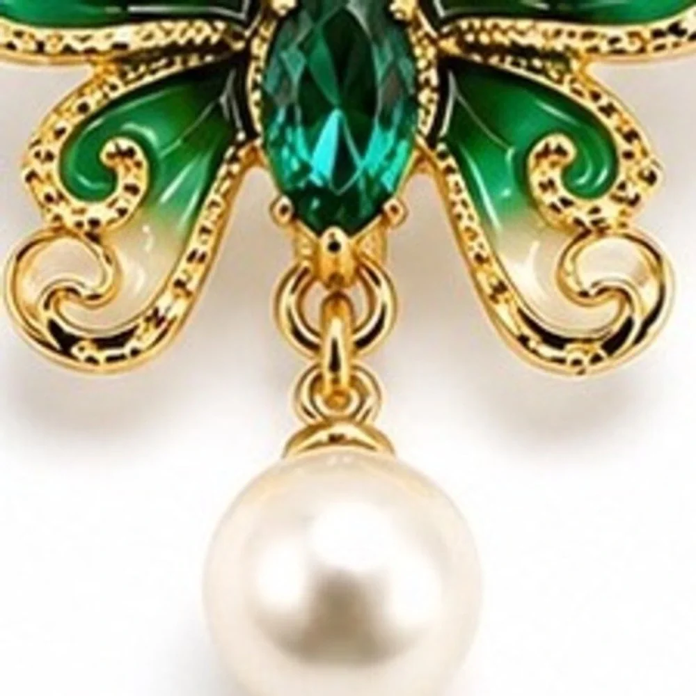 Butterfly Enamel Brooch Gold Tone Crystal Pearl Drop Pin Scroll work Detail